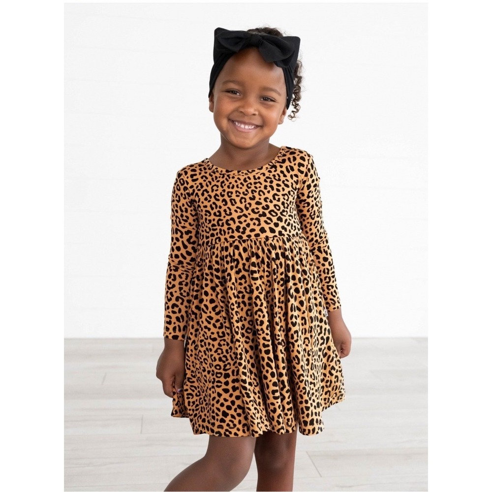Little Sleepies Twirl Dress Kids 4T Leopard Lunaluxe Bamboo Long Sleeve Pockets